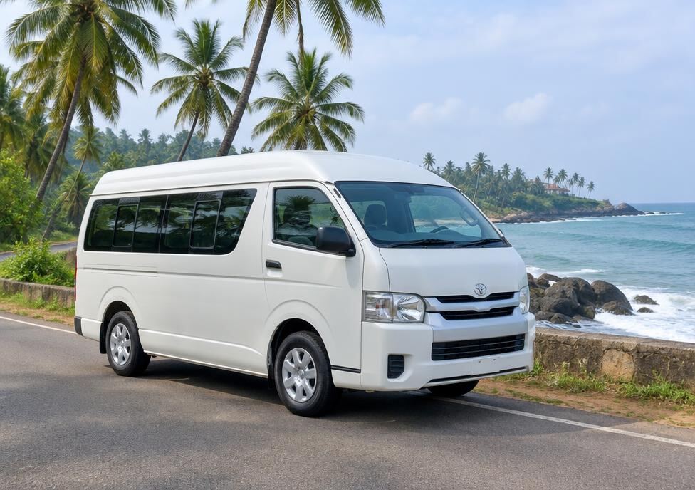 White KDH van on a coastal road in southern Sri Lanka