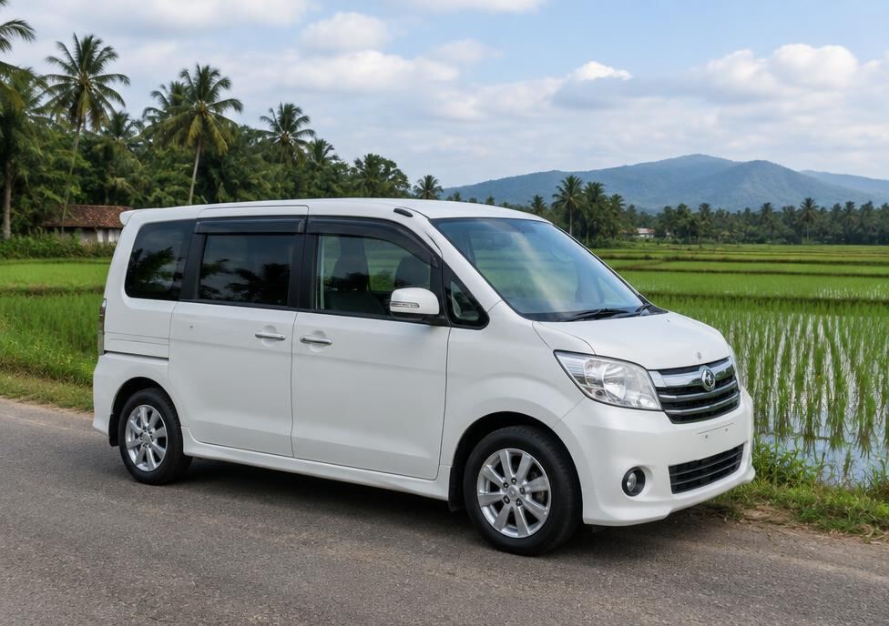 White mini van beside paddy fields in southern Sri Lanka