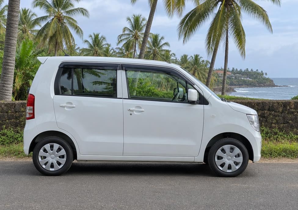 White mini car on a palm-lined road in Sri Lanka